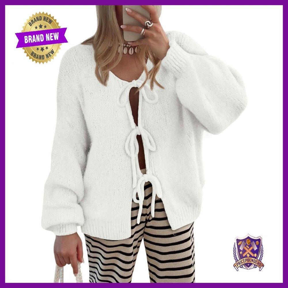 Tie Front Cardigan Sweater Puff Sleeve Bow Knit Fall Fashion